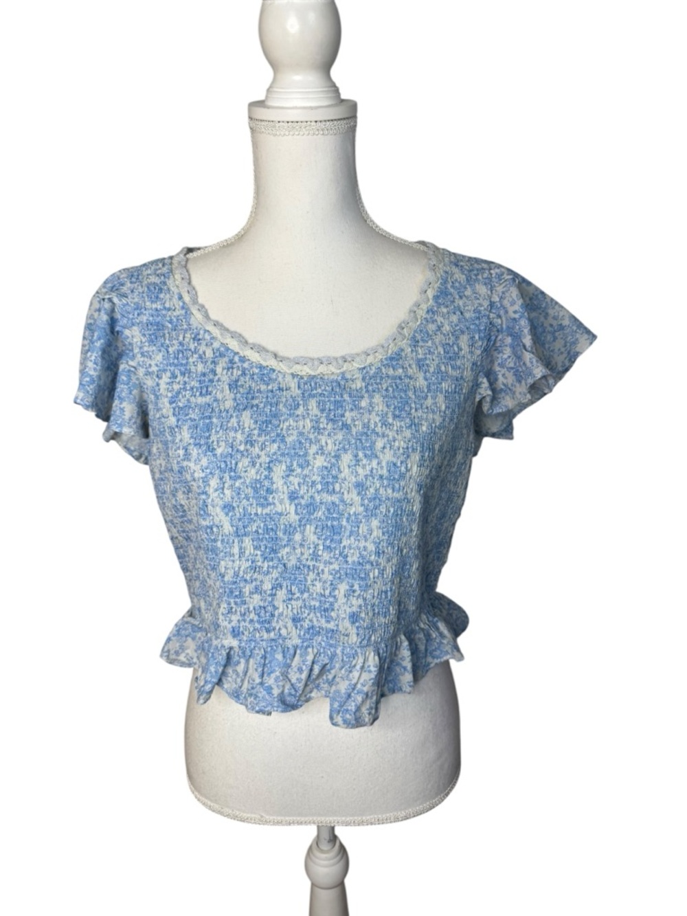 LoveShackFancy Milta Top Smocked Spa Blue Floral XL